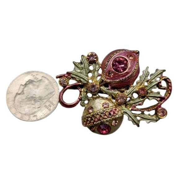 Christmas Ornament Brooch Pink & Gold Balls on Tree Branch Rhinestone Accents - Picture 7 of 7